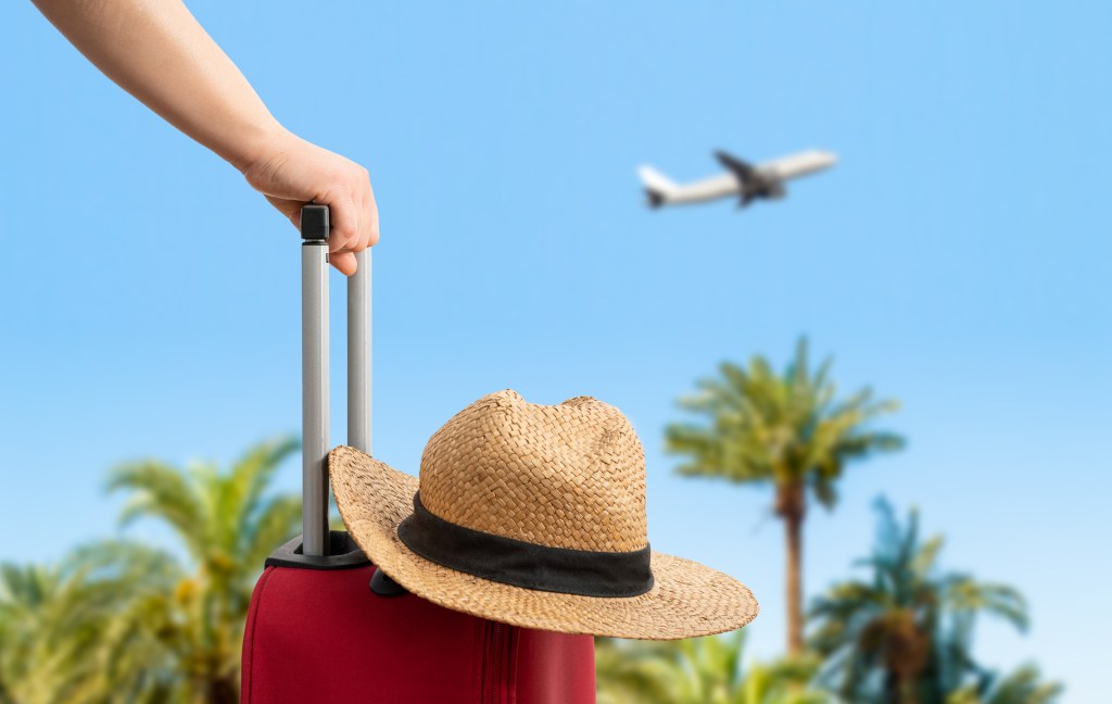 Woman with red suitcase standing on passenger stairs of airplane in front of sea of ​​palm trees. The concept of tourism